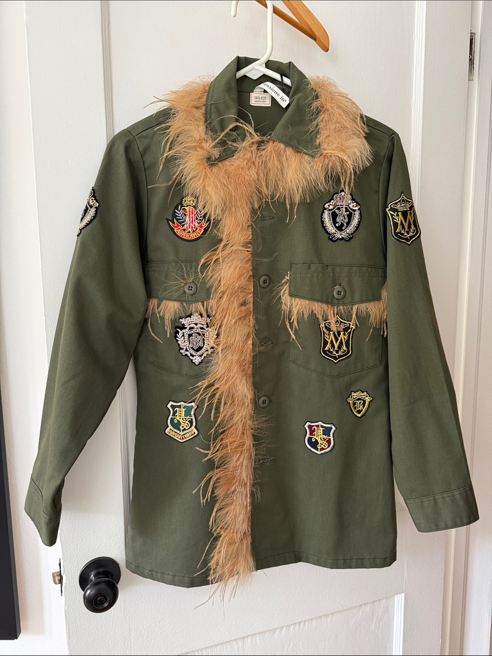 Olive Green Patchwork Military Jacket with Tan Feather Trim. NWT